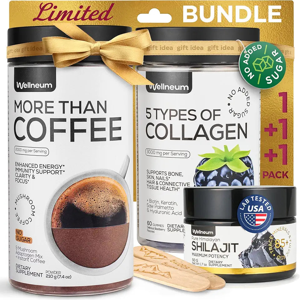 Mushroom Coffee, Shilajit Resin, Collagen Gummies Bundle I16359
