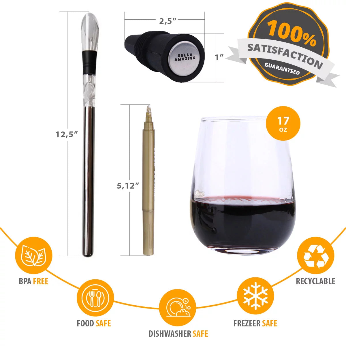 5 Pc Wine Accessories Set with 2 Glasses, Stainless Steel Chiller, Marker and Stopper N426