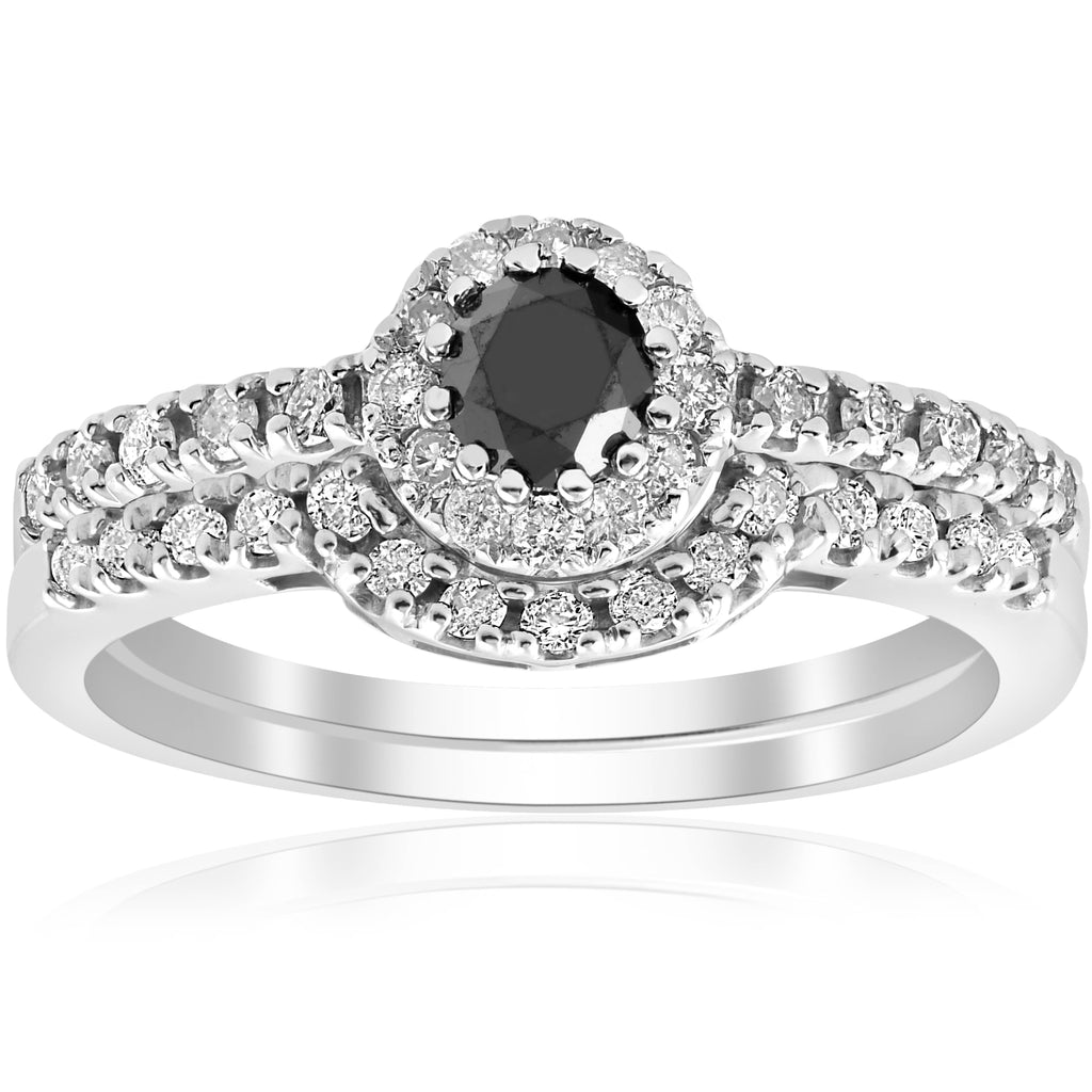 Black Pave Halo Diamond Engagement Ring Set 14k White Gold T10255