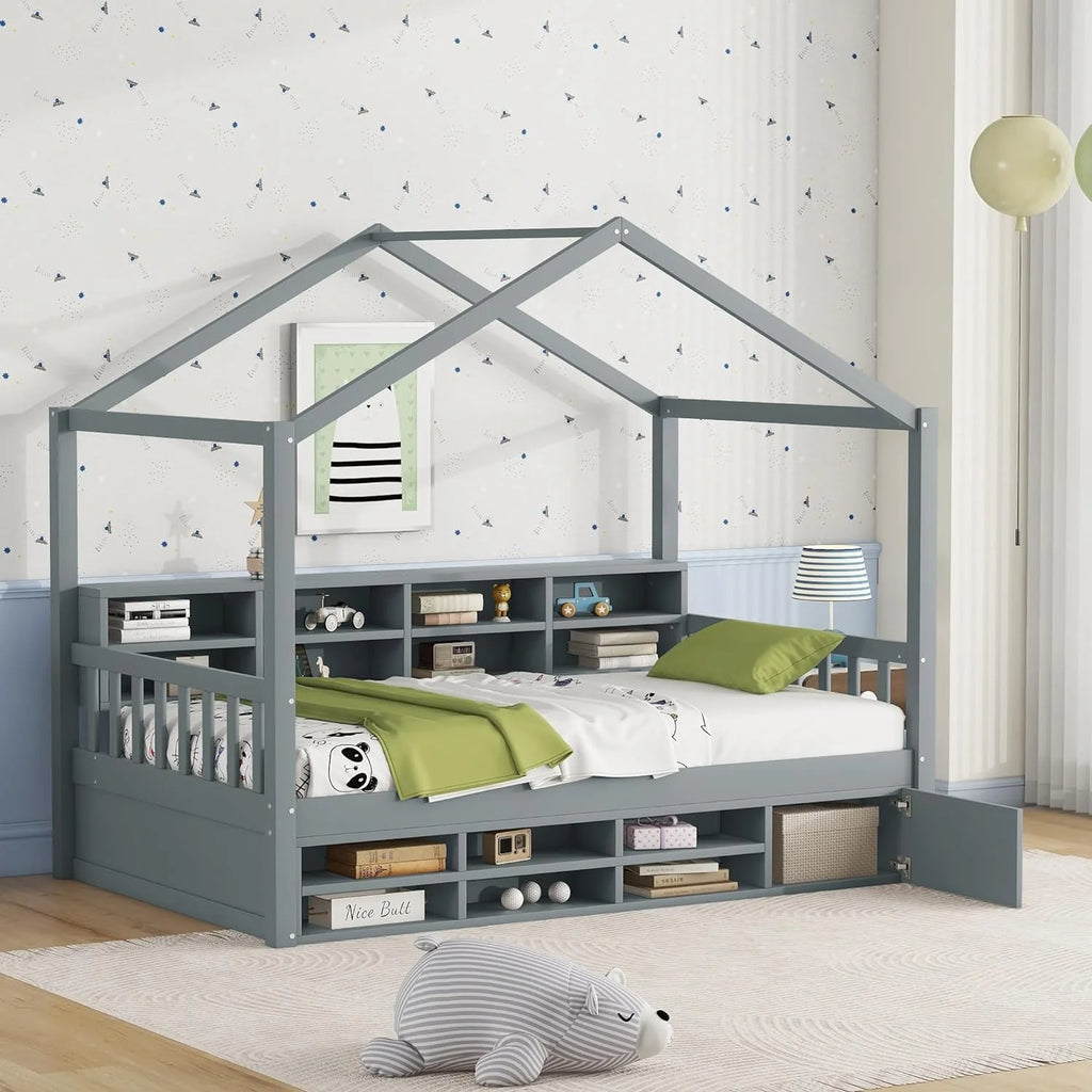 Twin Size Wood House Bed with Storage Shelves P555426
