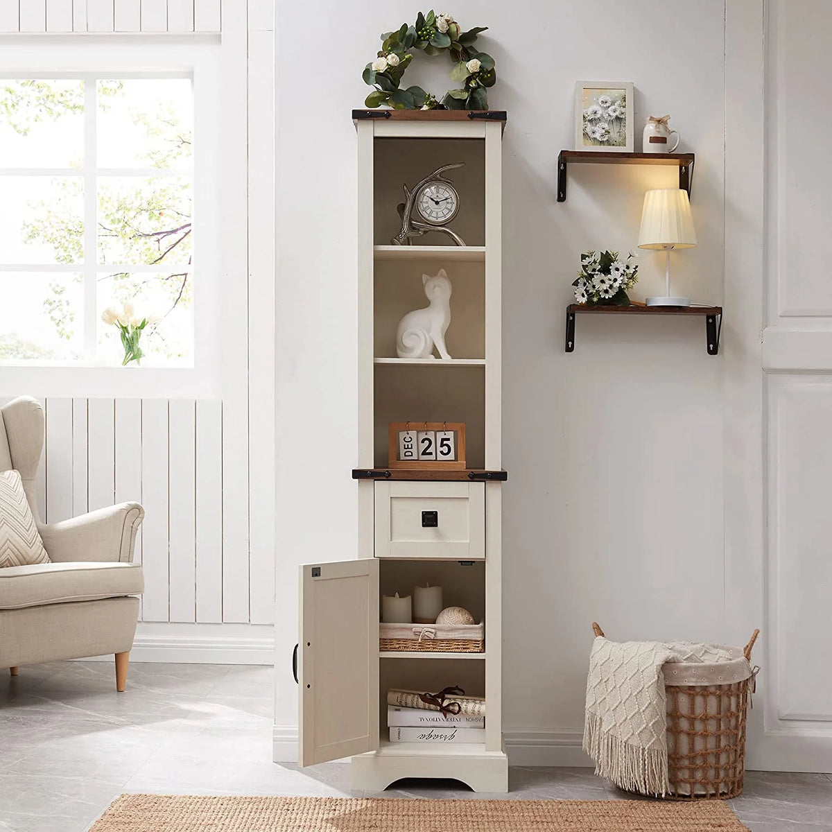 White 68" Farmhouse Bathroom Storage Cabinet with Drawer J970198