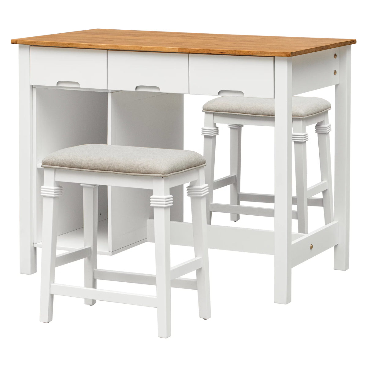 White 3-piece Rubber Wood Kitchen Island Set with 2 Seats E2976