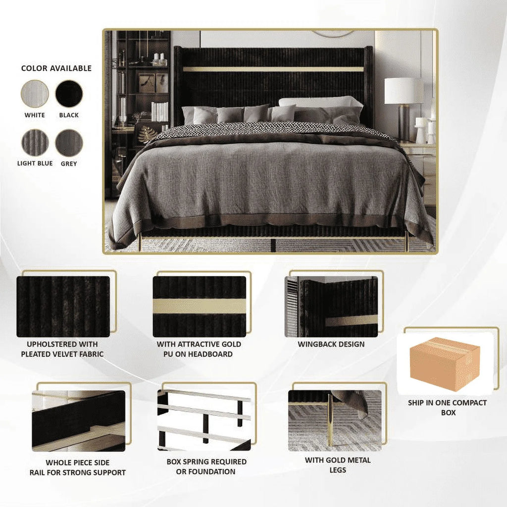 Gold PU Strip Wingback Velvet Upholstered Bed Black, Full Y304
