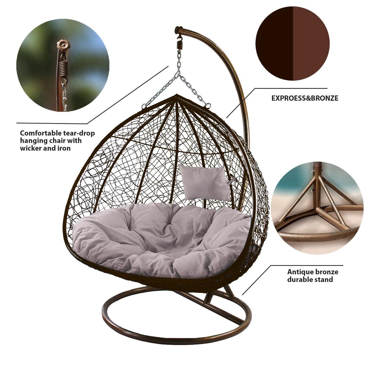 Outdoor Wicker Tear Drop Swing Lounge Chair with Gray Cushion Mat B8188