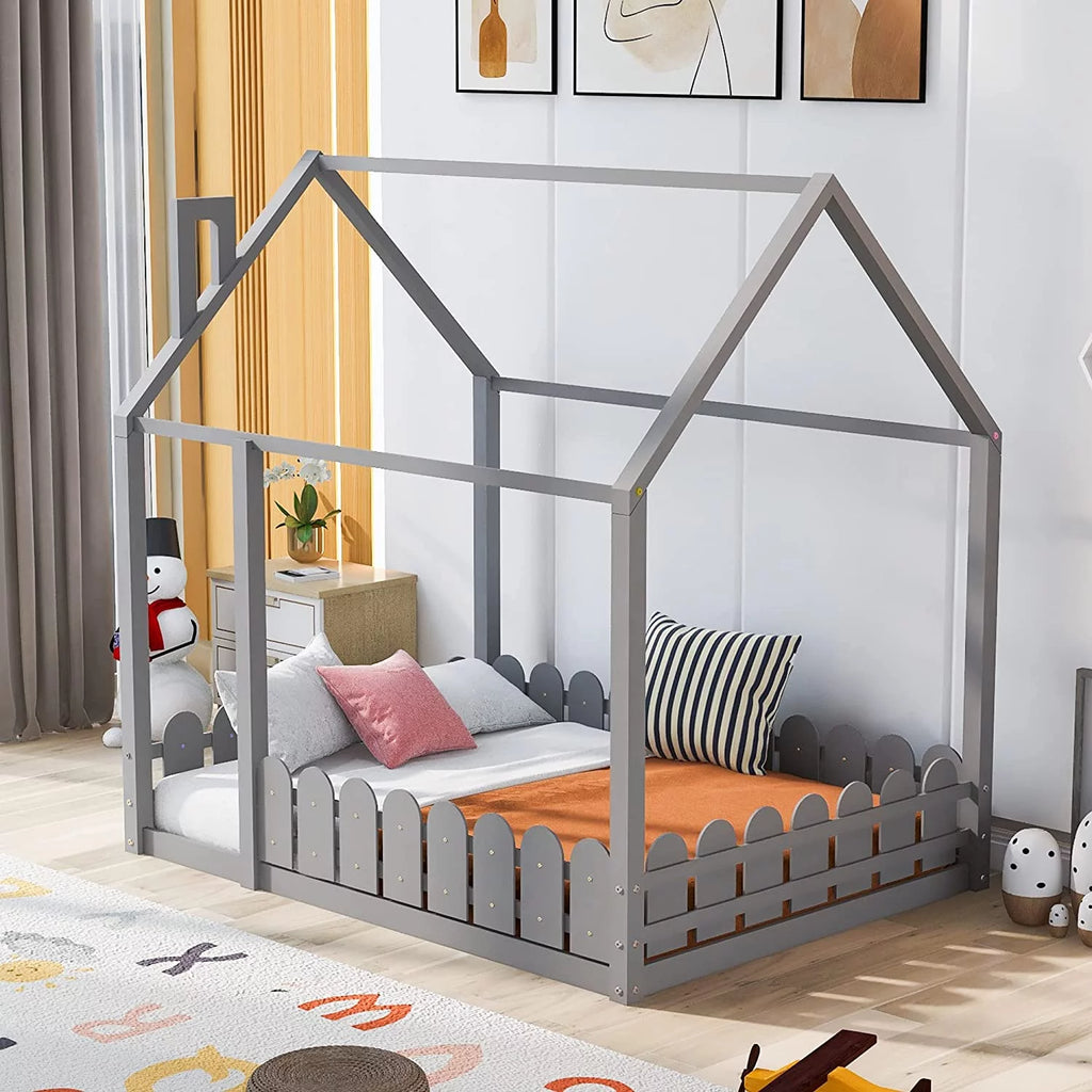 Full Size Grey Wood Bed Frame with Roof and Guardrails Q397177