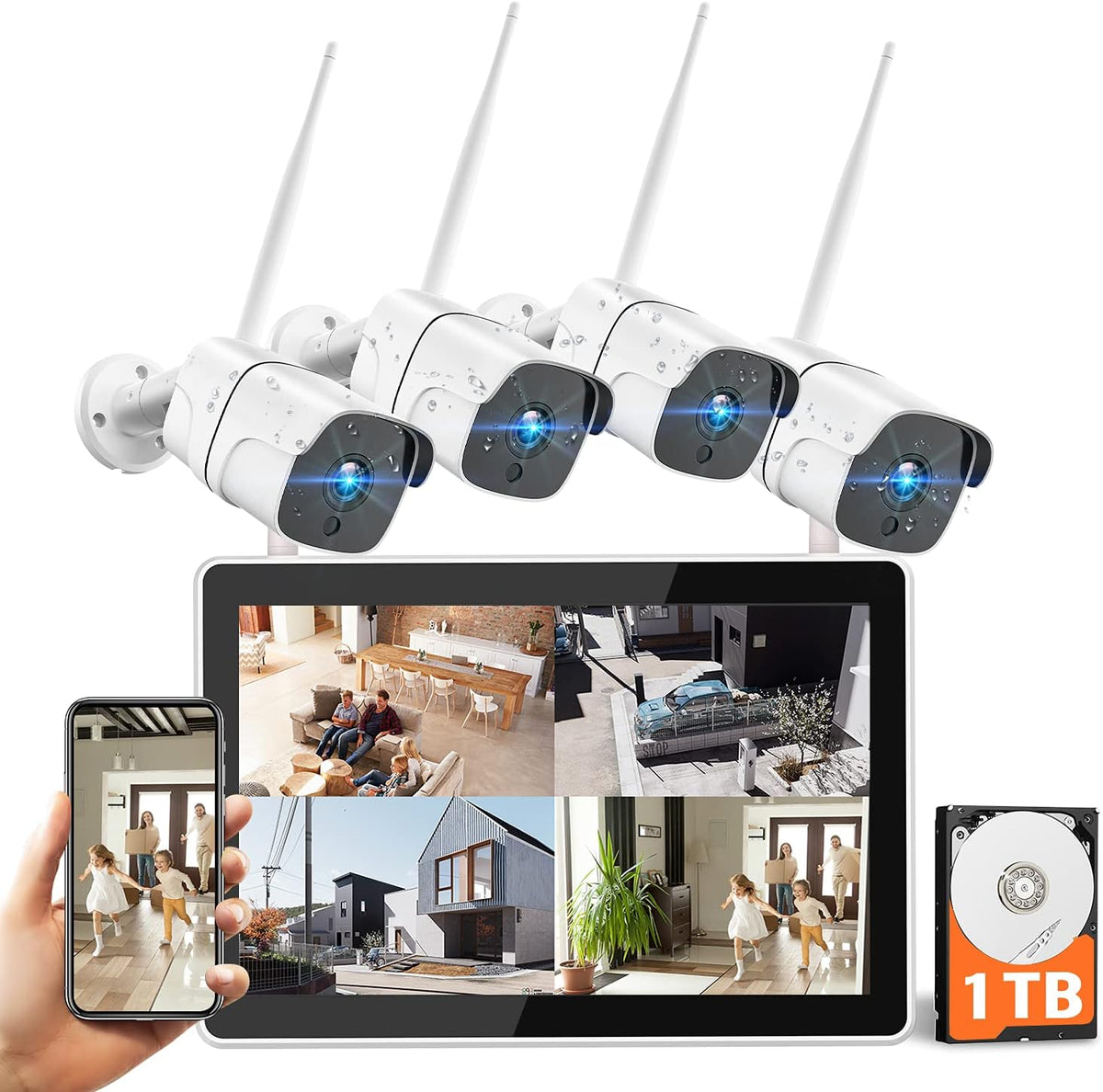 1080P Wireless Security Camera System with 1TB Hard Drive & 12 Monitor, 8CH NVR, 4pcs 2.0MP Outdoor IP Cameras J475