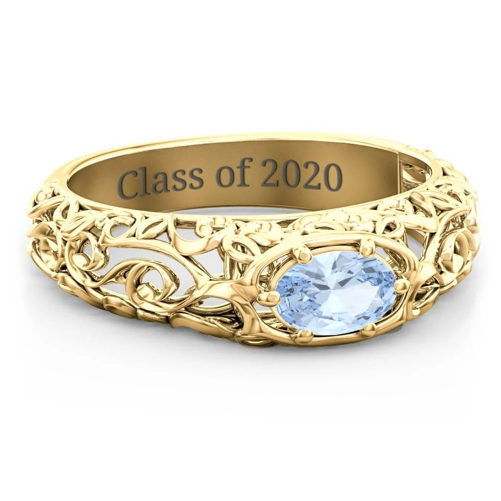 10K Yellow Gold Vintage Graduation Ring with Aquamarine Stone T772
