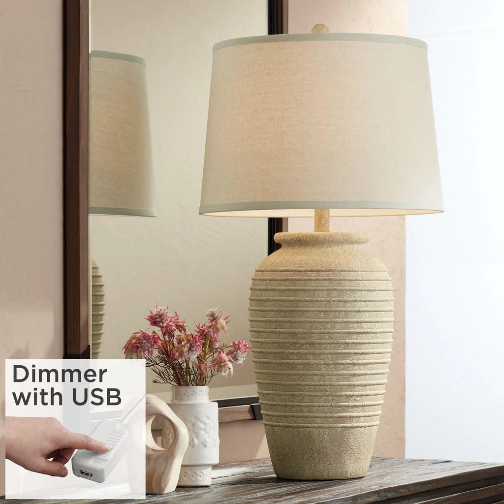 Table Lamp with USB Charging Port 28" Tall Linen Drum Shade W814