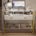 White and Gold Computer Desk with Drawers and Monitor Stand E2272