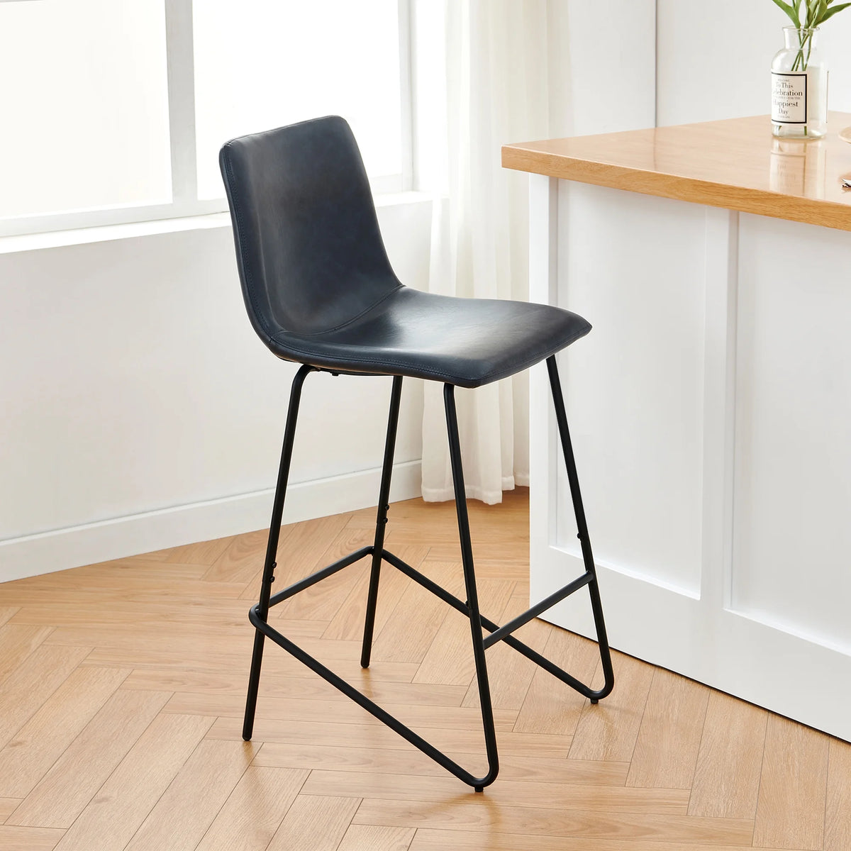 Navy Blue Faux Leather Counter Height Bar Stools, Set of 2 K18497