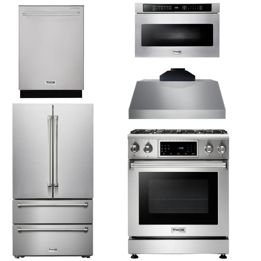 30 In. Gas Range, Range Hood, Microwave Drawer, Refrigerator, Dishwasher U26680