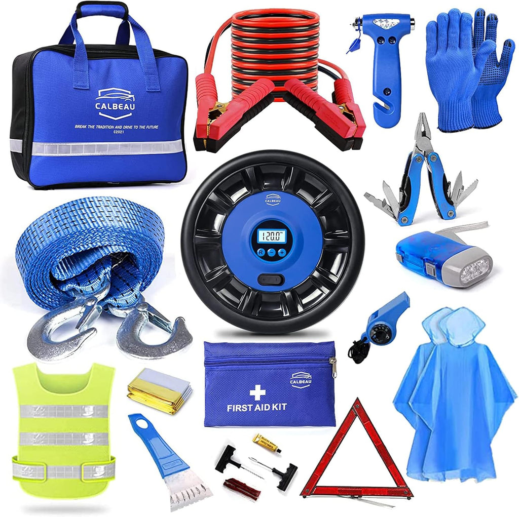 Car Emergency Kit with Air Compressor, Jumper Cable, Tow Strap, Safety Hammer, First Aid Kit G509