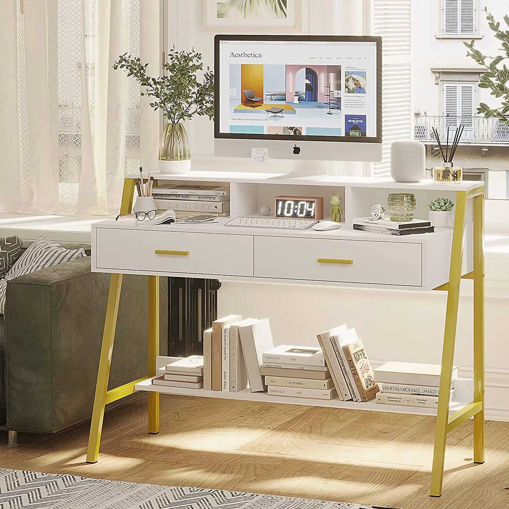 White and Gold Computer Desk with Drawers and Monitor Stand E2272